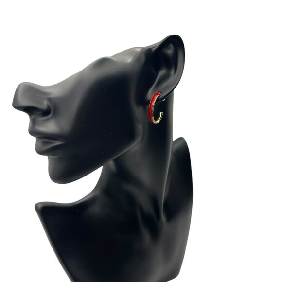 **Red and Gold Tone Enamel C Hoop Earrings - Picture 10 of 10